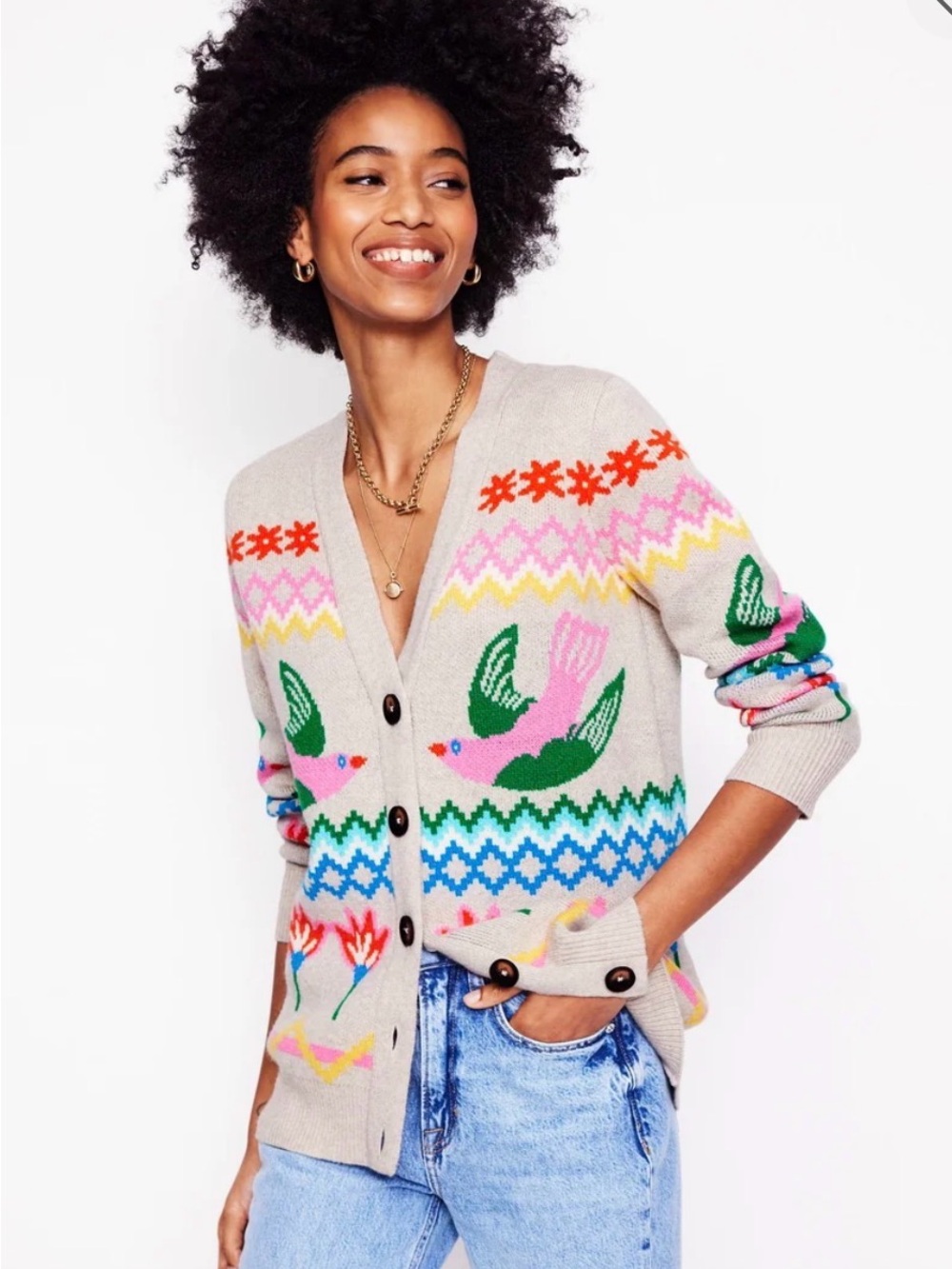 Boden Fair Isle Boyfriend Cardigan M Bird Intarsia Wool Alpaca Sweater